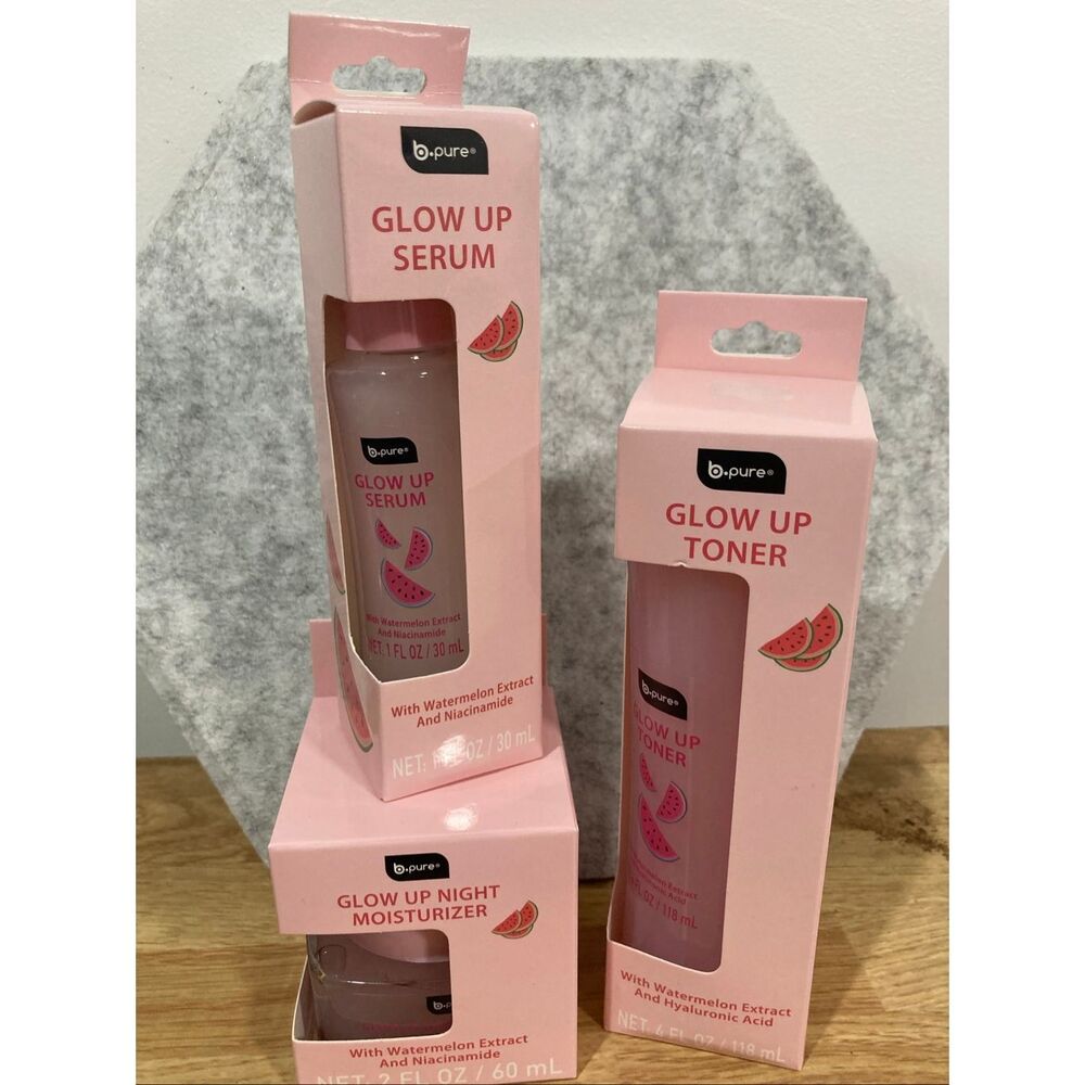 B-Pure Glow Up Skincare Bundle Serum Toner Night Moisturizer New